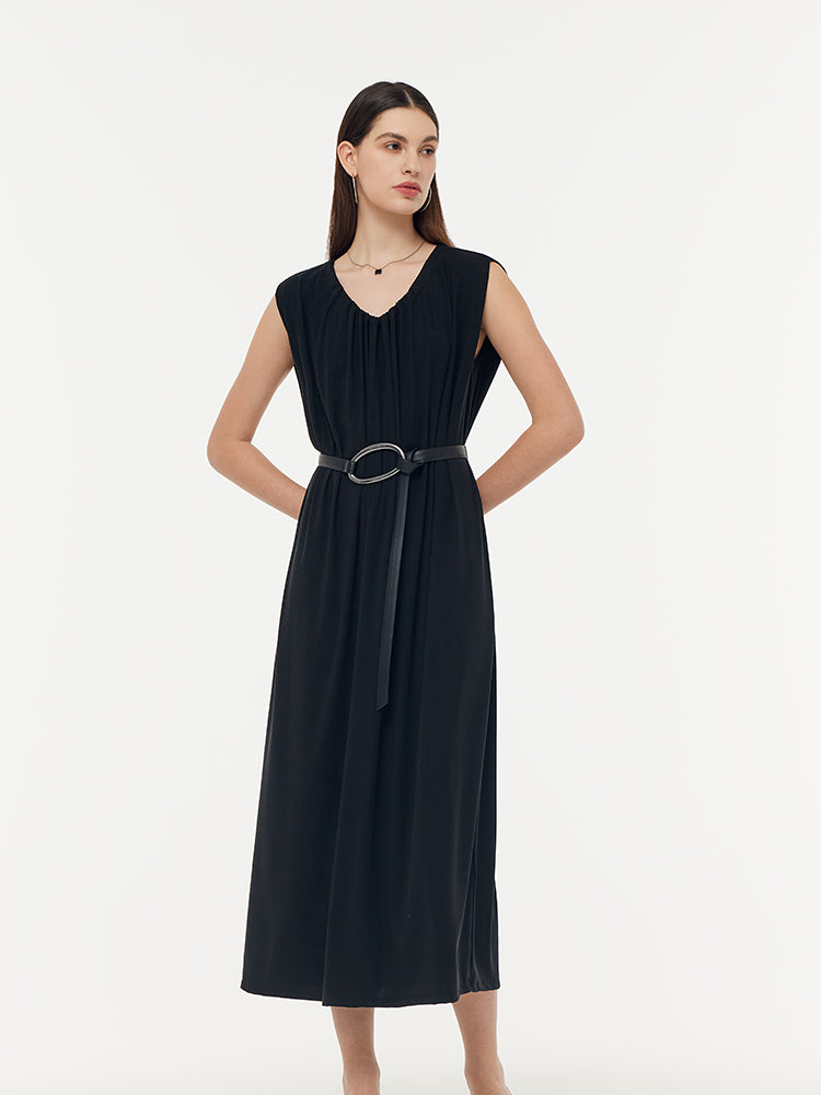 Tencel Knit Women Sleeveless Midi Dress With Leather Belt GOELIA