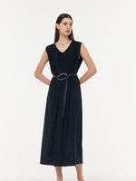 Tencel Knit Women Sleeveless Midi Dress With Leather Belt GOELIA