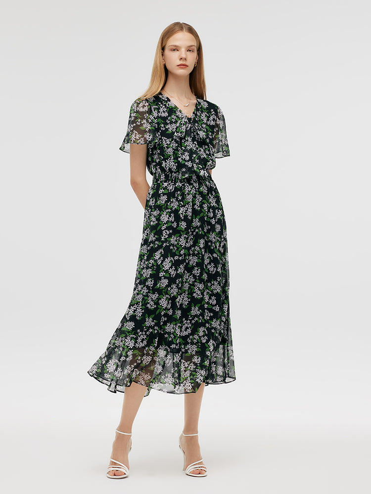 10 Momme Mulberry Silk Floral Printed Bow Tie Neck Women Midi Dress GOELIA