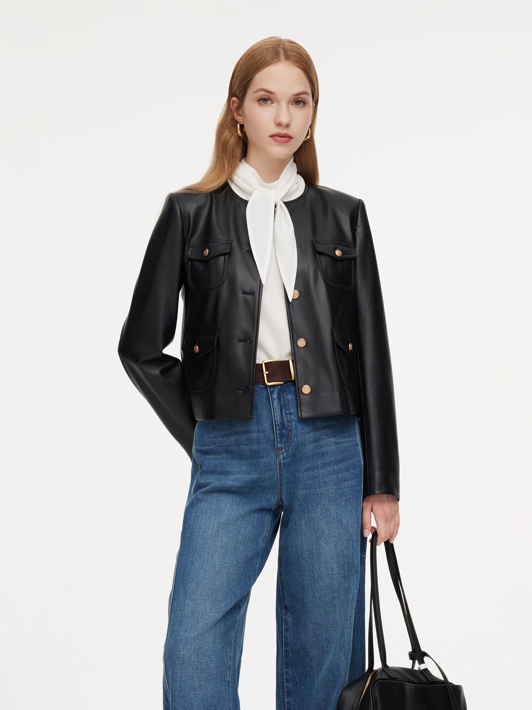 PU Leather Women Cropped Jacket GOELIA