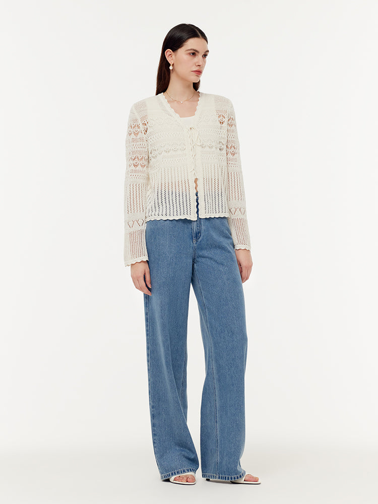 Linen Cotton Openwork Tie Front Women Cardigan GOELIA