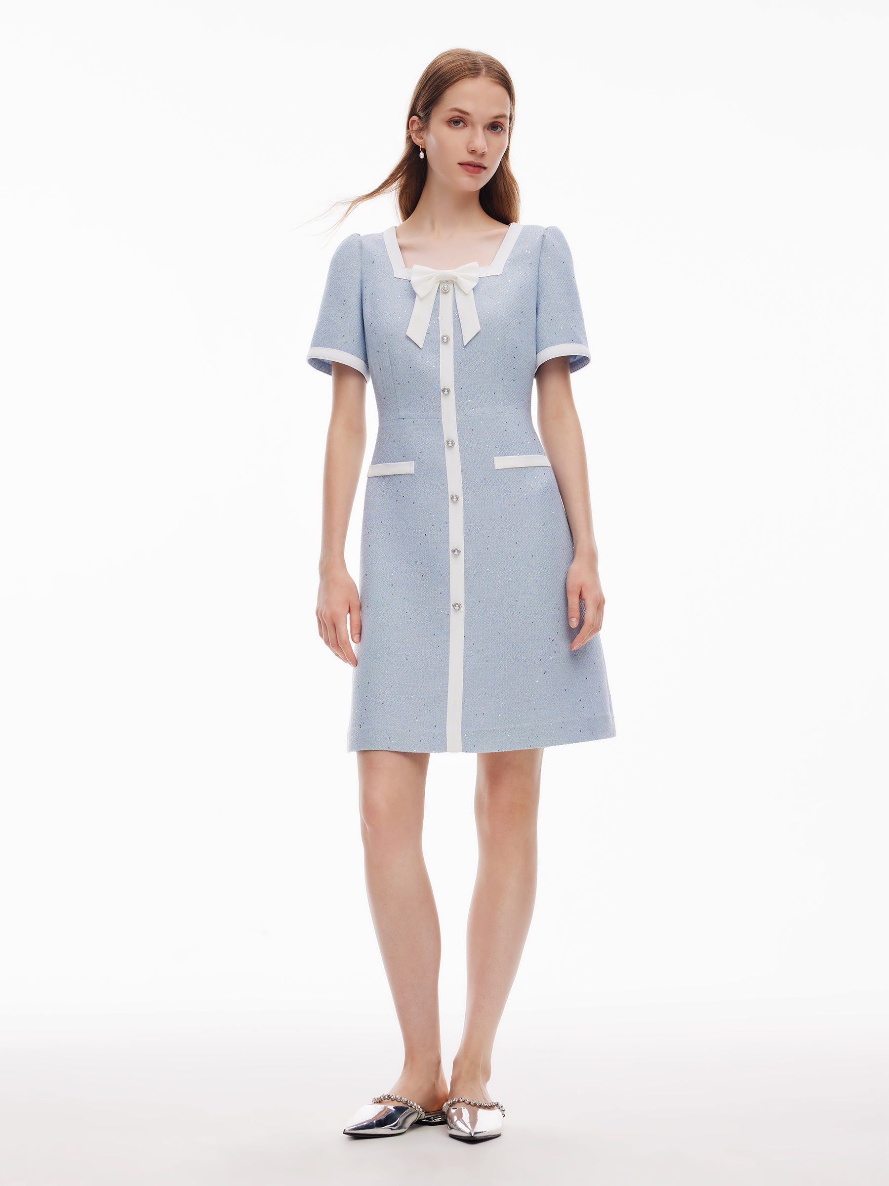 Acetate Blend Sequins Tweed Contrast Trim Women Mini Dress GOELIA