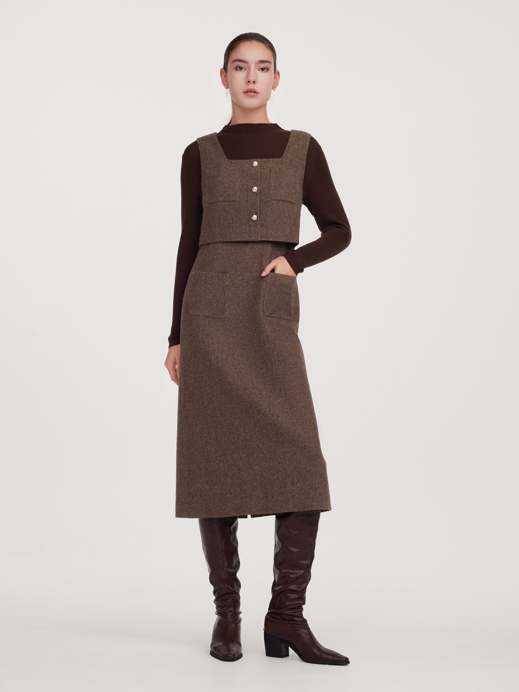 100% Washable Wool Knit Top And Sleeveless Dress Two-Piece Set GOELIA