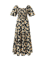 Cotton Stretch Floral Print Women Smocked Maxi Dress GOELIA