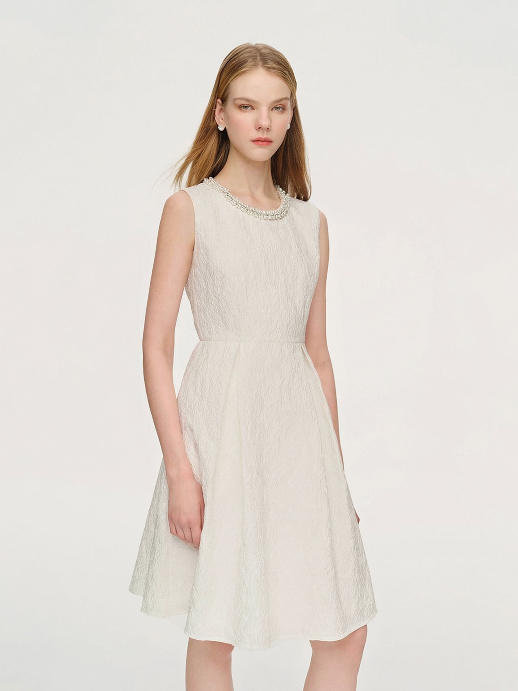 Preview] Jacquard Beaded Neckline Women Sleeveless Midi Dress – GOELIA