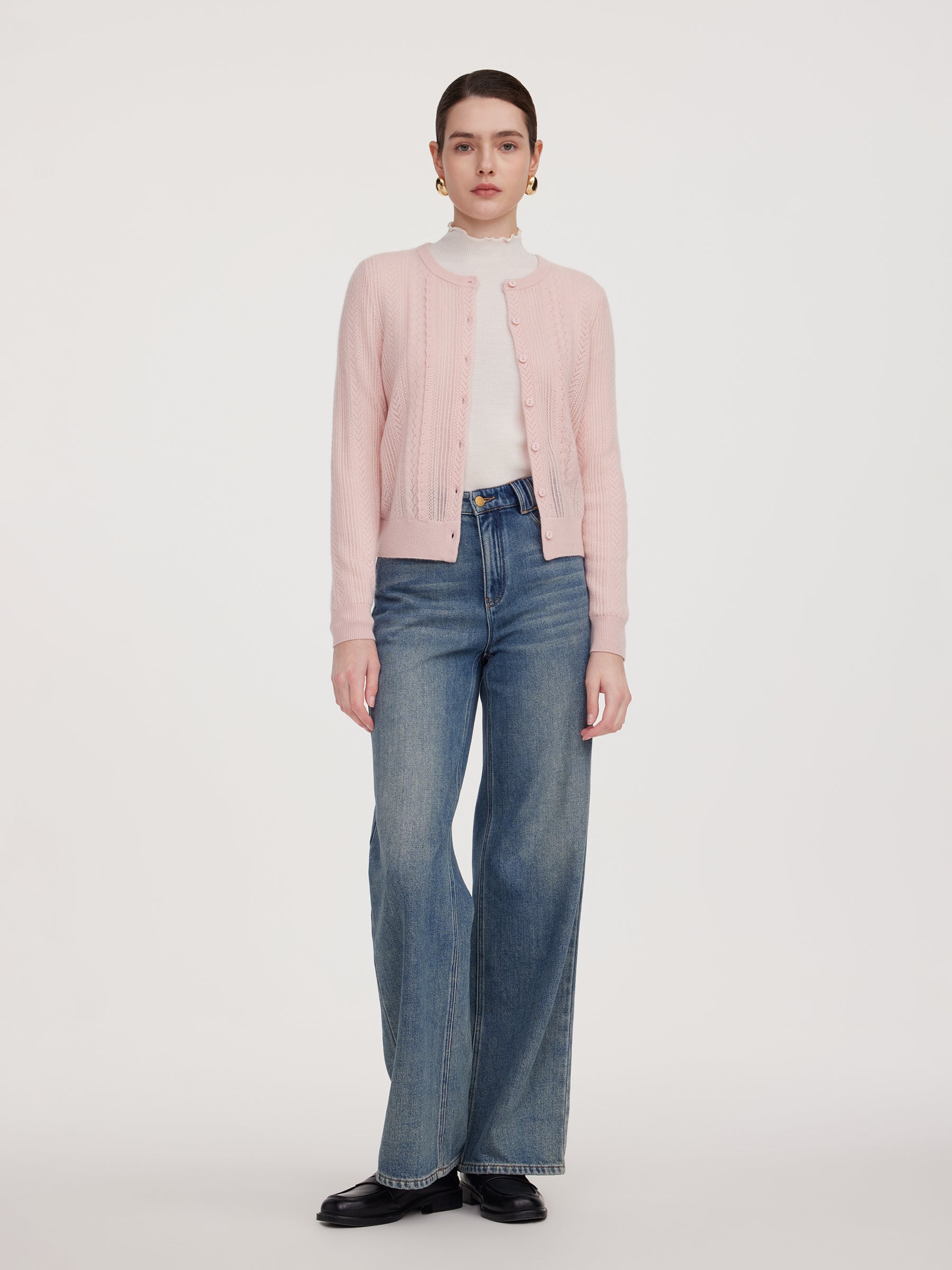 100% Cashmere Openwork Textured Women Cardigan GOELIA