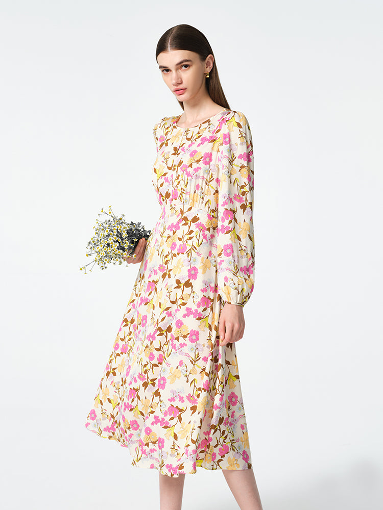 19 Momme Mulberry Silk Floral Printed Women Midi Dress GOELIA