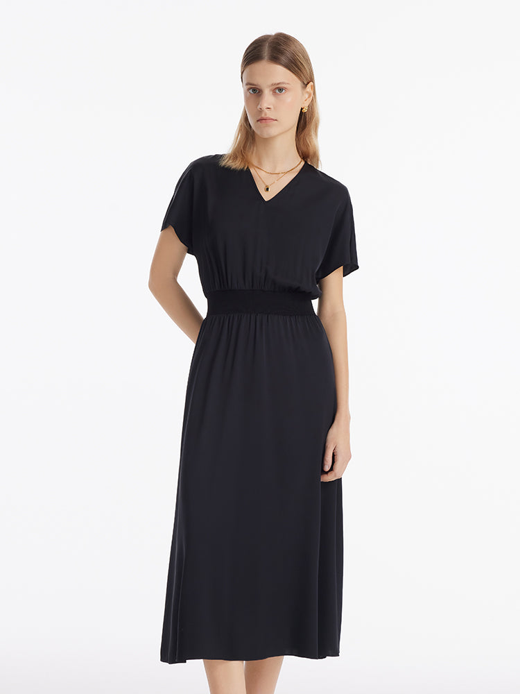22 Momme Mulberry Silk Gathered Waist Women Midi Dress GOELIA
