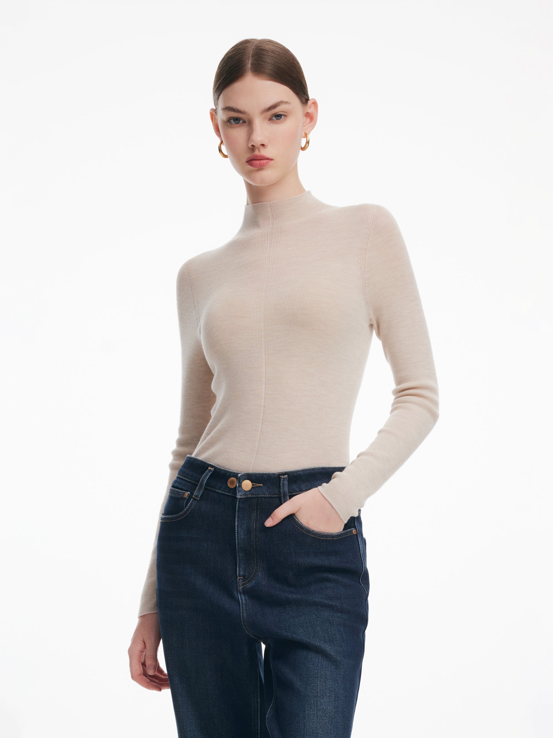 [Preview] 100% Wool Seamless Mock Neck Women Knit Top GOELIA