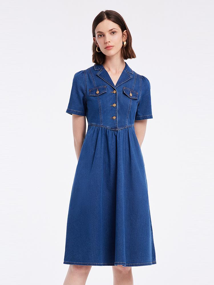 V-neck Gathered Waist Denim Midi Collared Dress, Mid Denim / S