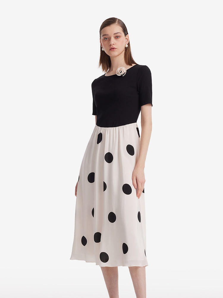 16 Momme Mulberry Silk Polka Dots Printed Patchwork Women Midi Dress With Scrunchie And 3D Rose Clip GOELIA