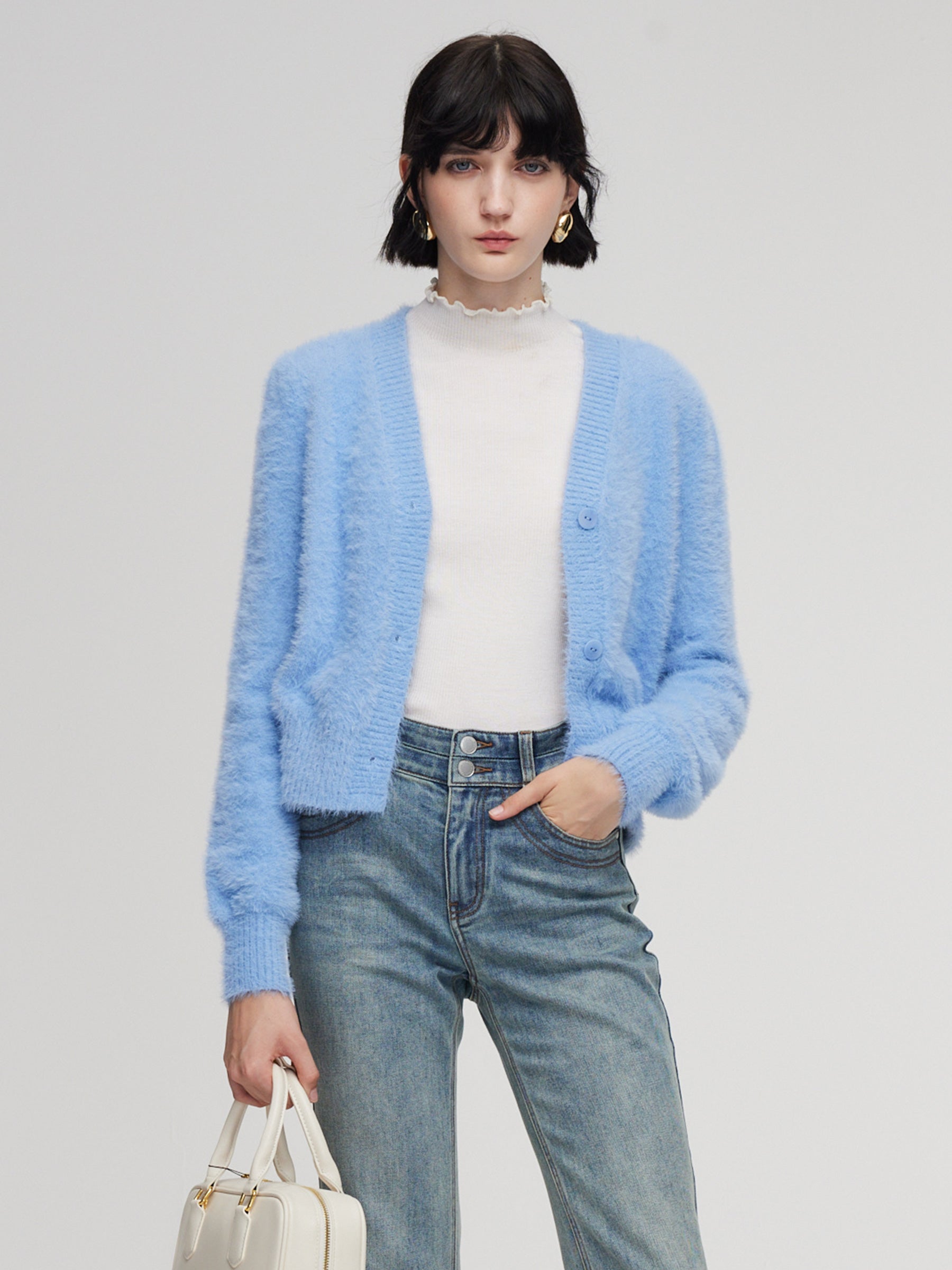 [Preview] Faux Mink V-Neck Women Cardigan GOELIA