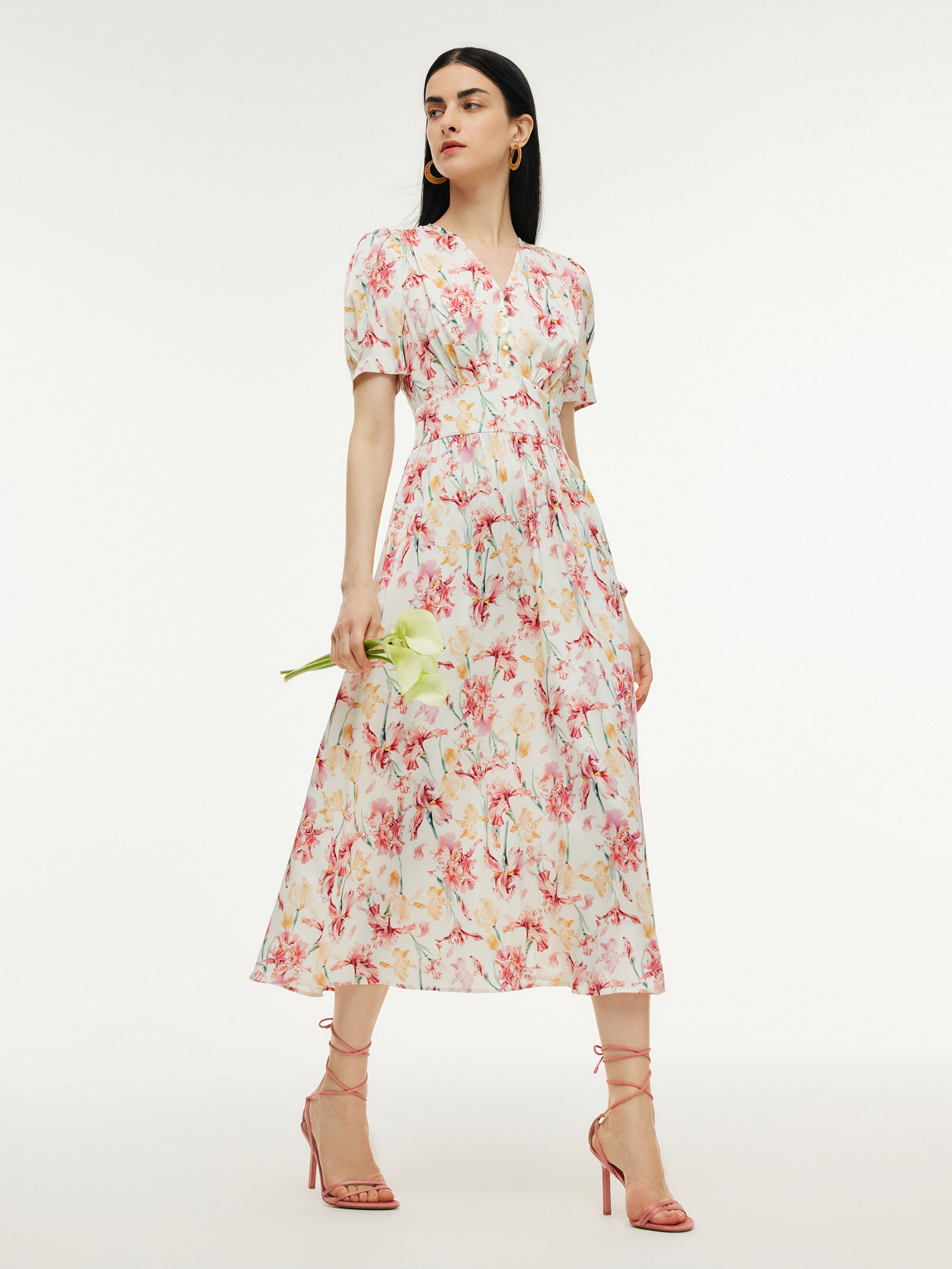 19MM Mulberry Silk Floral Print V-Neck Women Maxi Dress With Scrunchie GOELIA
