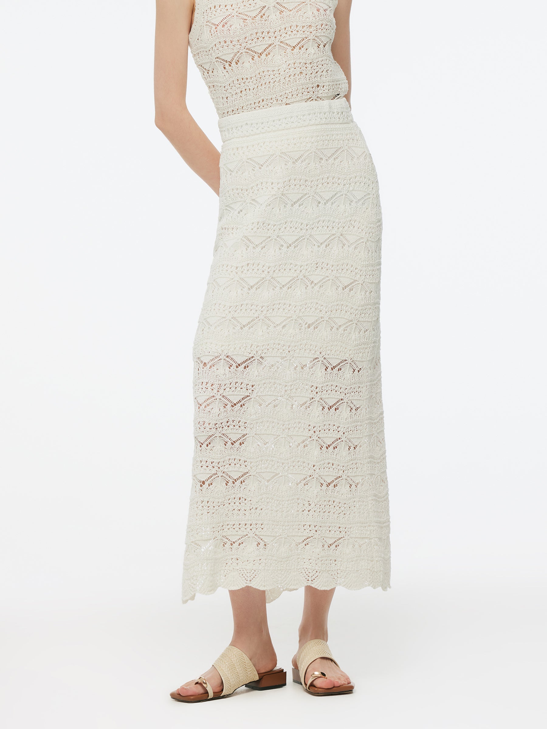 Linen Cotton Blend Women Side Slit Openwork Skirt GOELIA