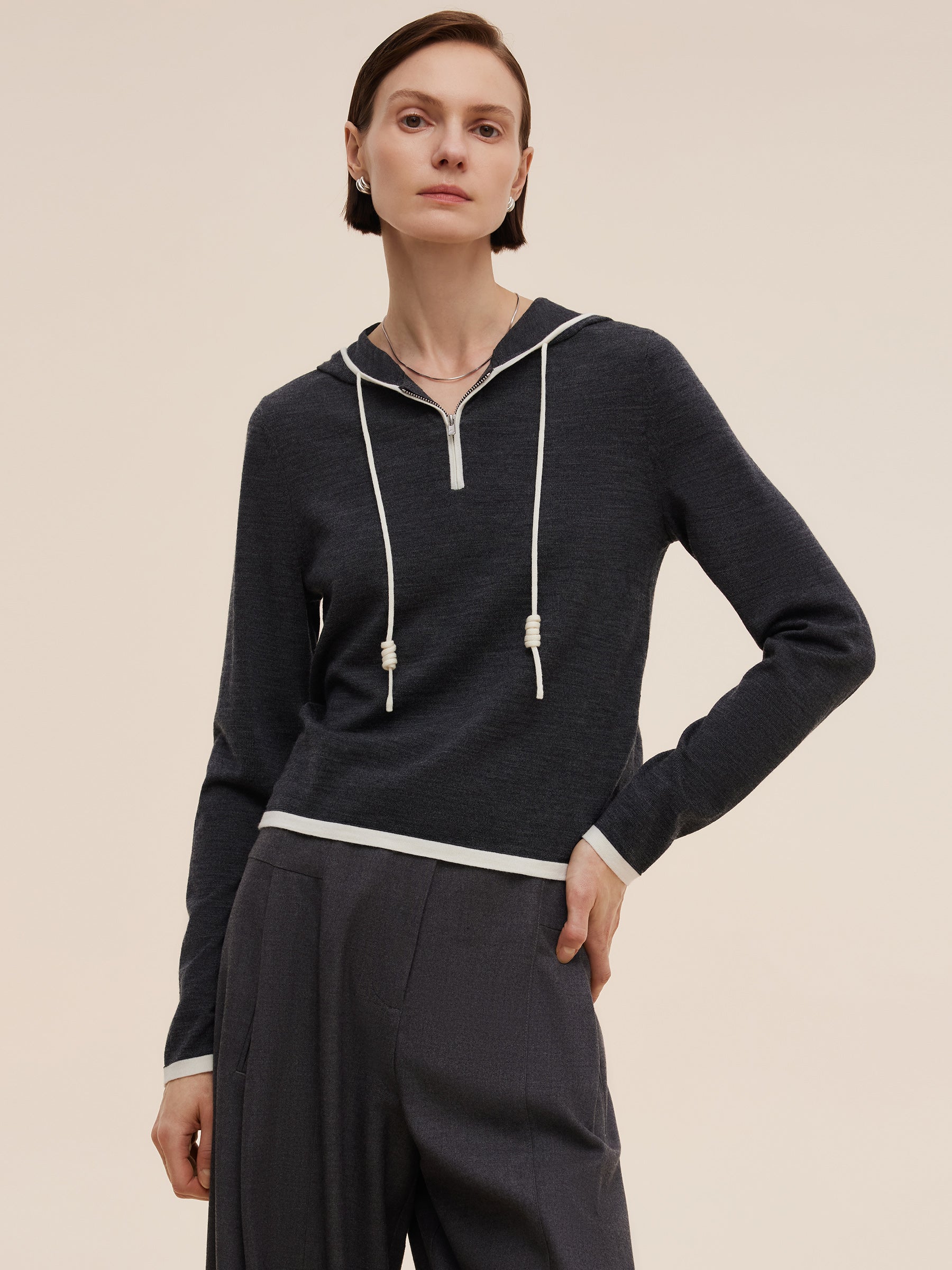 Wool Blend Half-Zip Contrast Trim Women Hoodie GOELIA