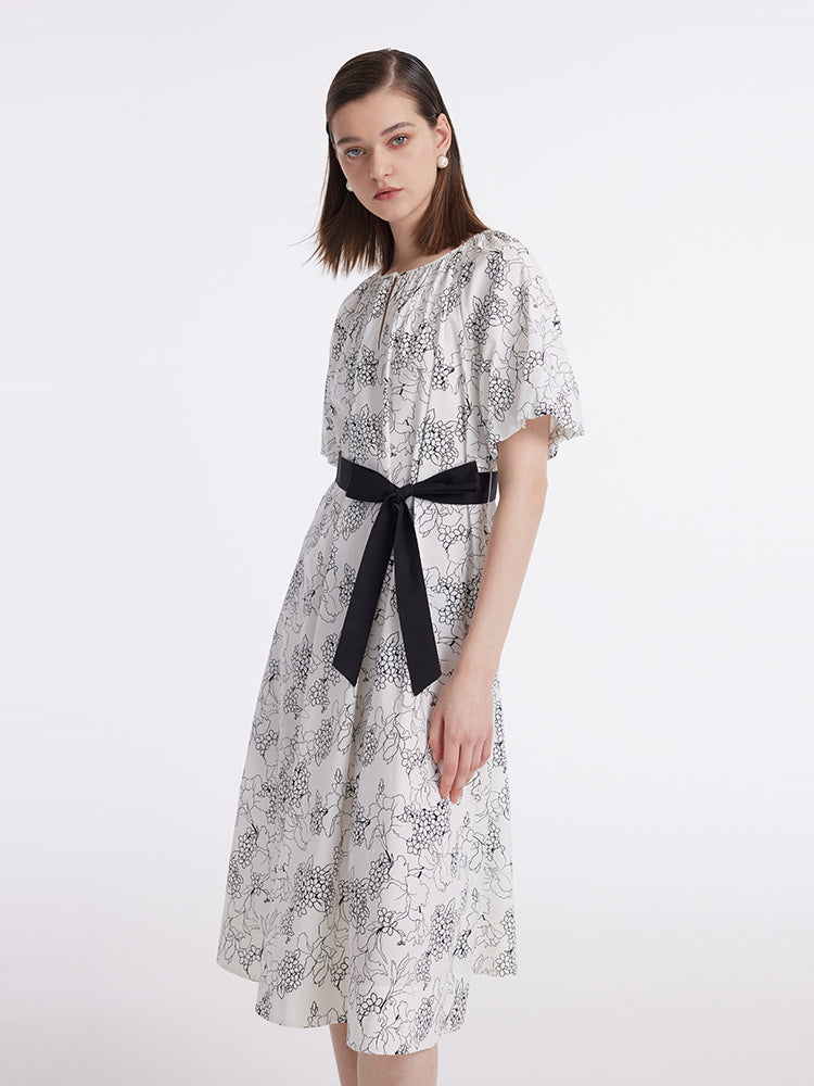 Puff Sleeves Iris Printed Women Midi Dress With Belts GOELIA