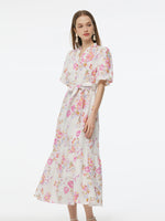 100% Linen Rose Print Women Maxi Dress With Belt GOELIA