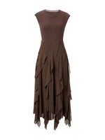 Jacquard Patchwork Cascading Ruffle Asymmetrical Women Maxi Dress GOELIA