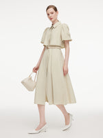 Cotton Blend Puff Sleeve Women Midi Shirt Dress With Belt GOELIA