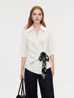 100% Cotton Side Twist Women Blouse With Silky Scarf GOELIA