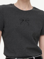 [Preview] Bowknot Print Gathered Waist Women T-Shirt GOELIA