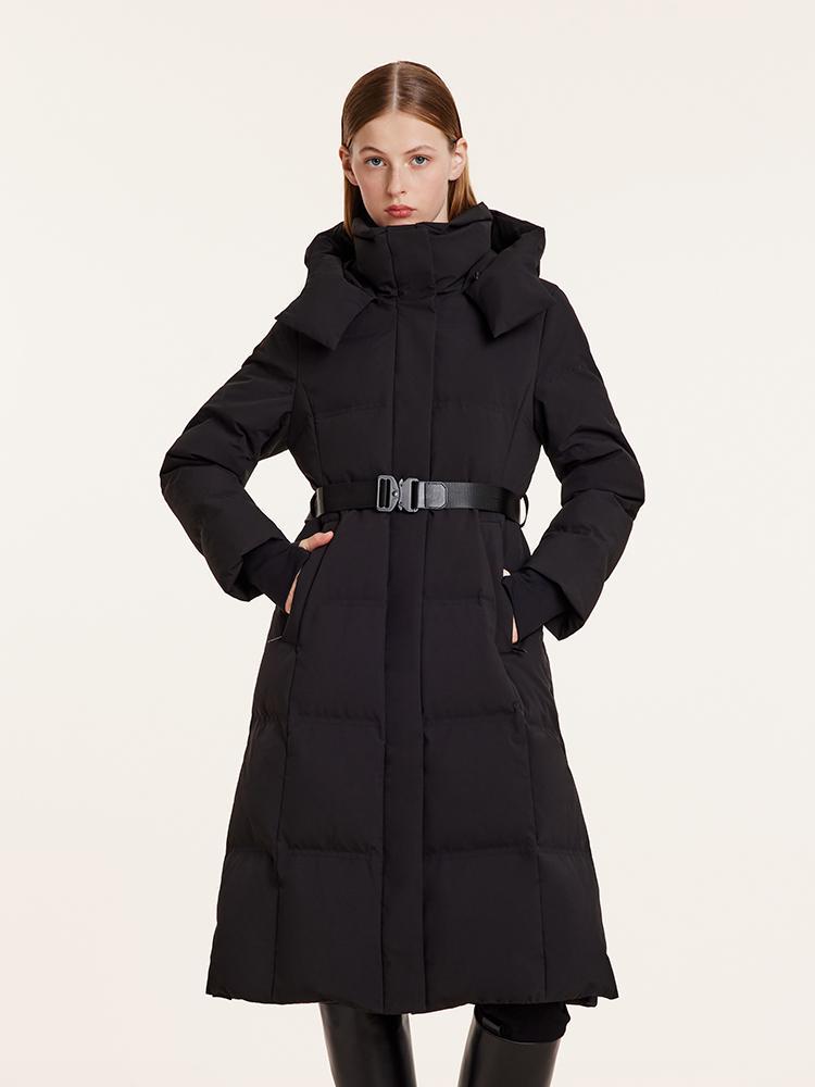 Hooded Gathered Waist Long Goose Down Garment With Belt – GOELIA