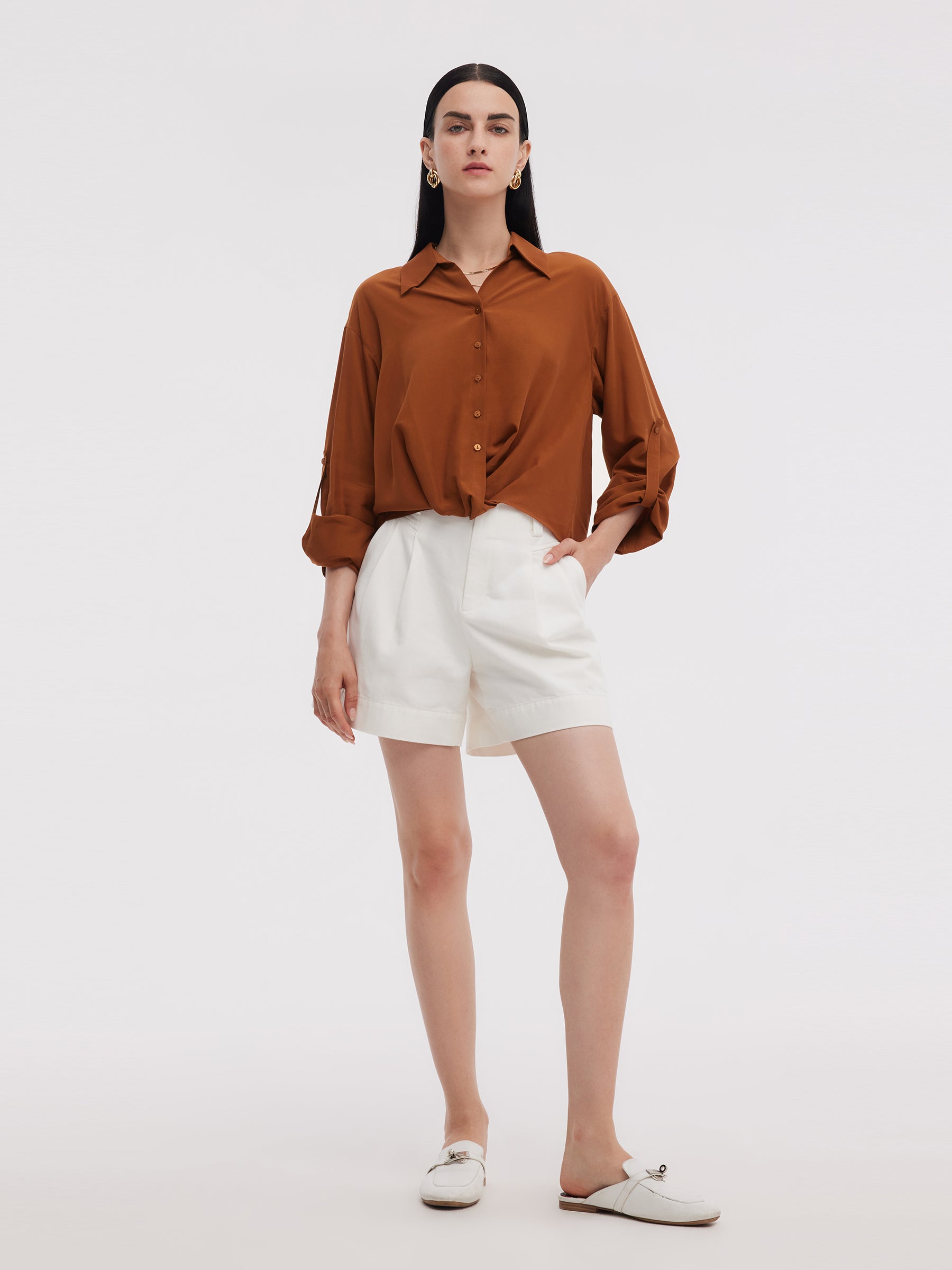 Tencel Acetate Blend Women Adjustable Sleeves Shirt GOELIA