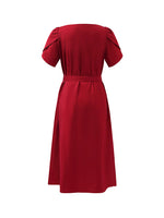 Petal Sleeves Gathered Waist V-Neck Women Midi Dress With Belt GOELIA