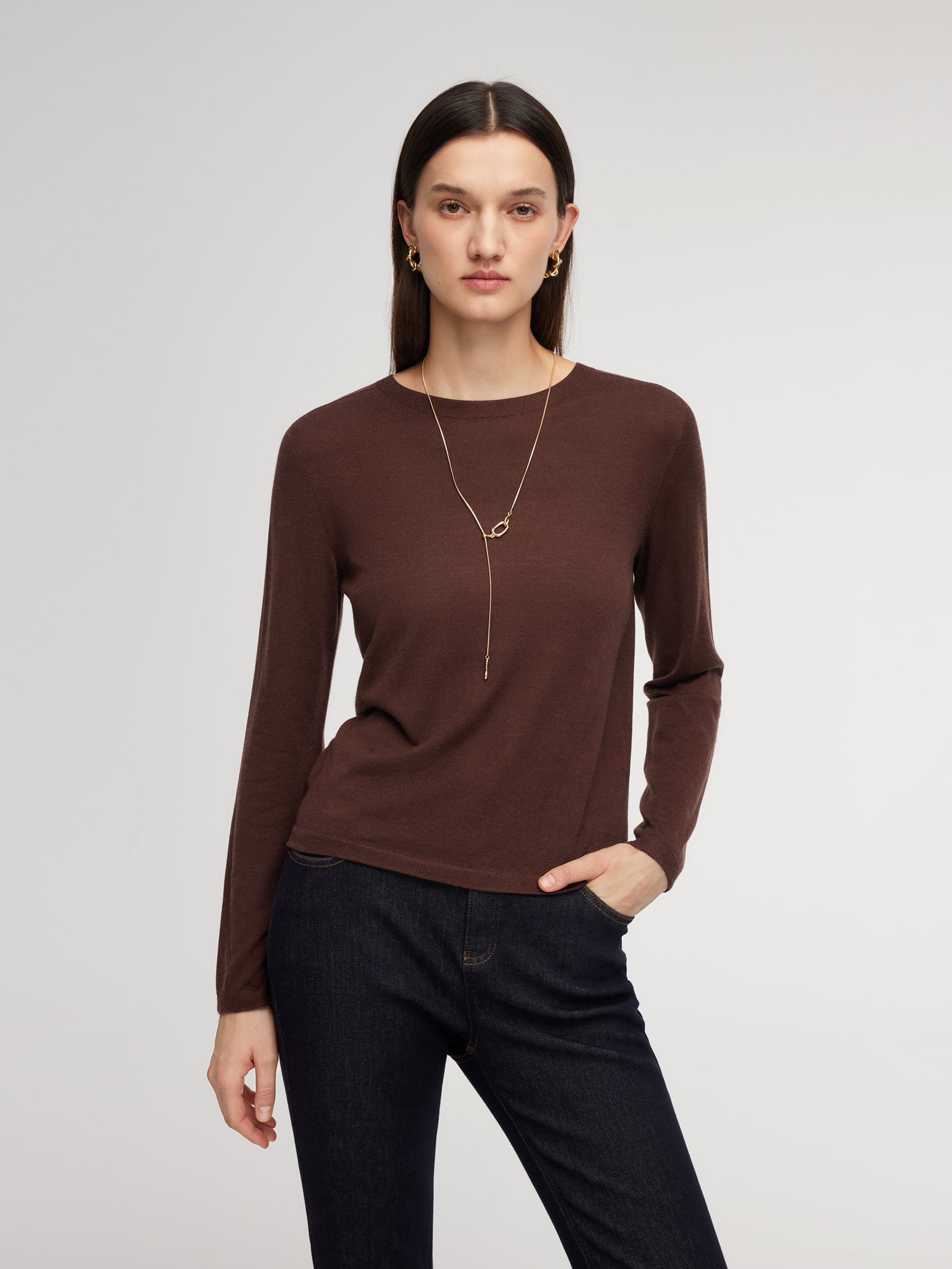 Cashmere Mulberry Silk Lyocell Blend Crew Neck Women Knit Top GOELIA