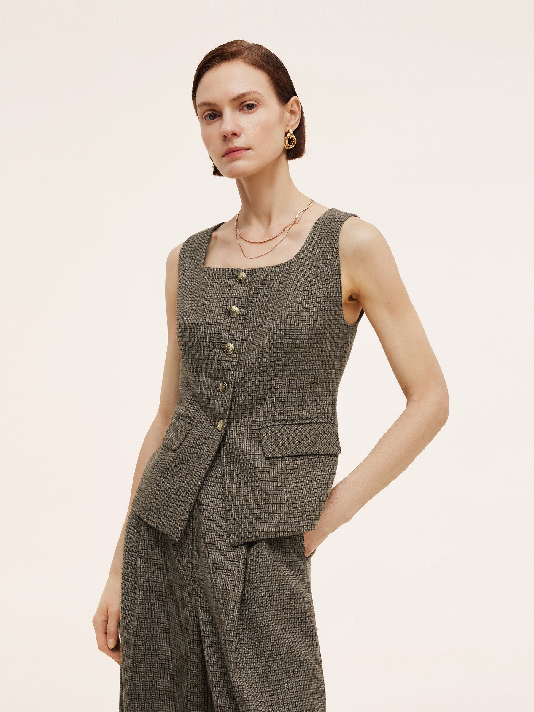 [Preview] Plaid Square Neck Women Vest GOELIA
