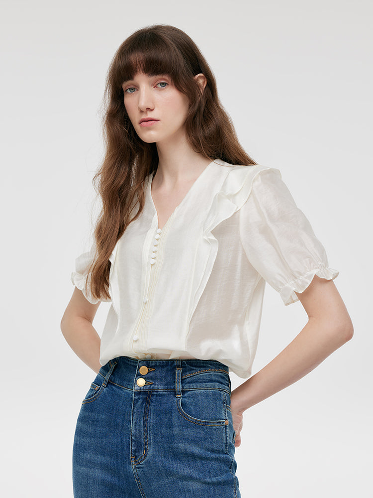 Lyocell V-Neck Ruffle Puff Sleeves Women Blouse – GOELIA