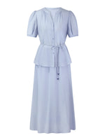 Acetate Blend Blouse And A-Line Skirt Belted Two-Piece Set GOELIA