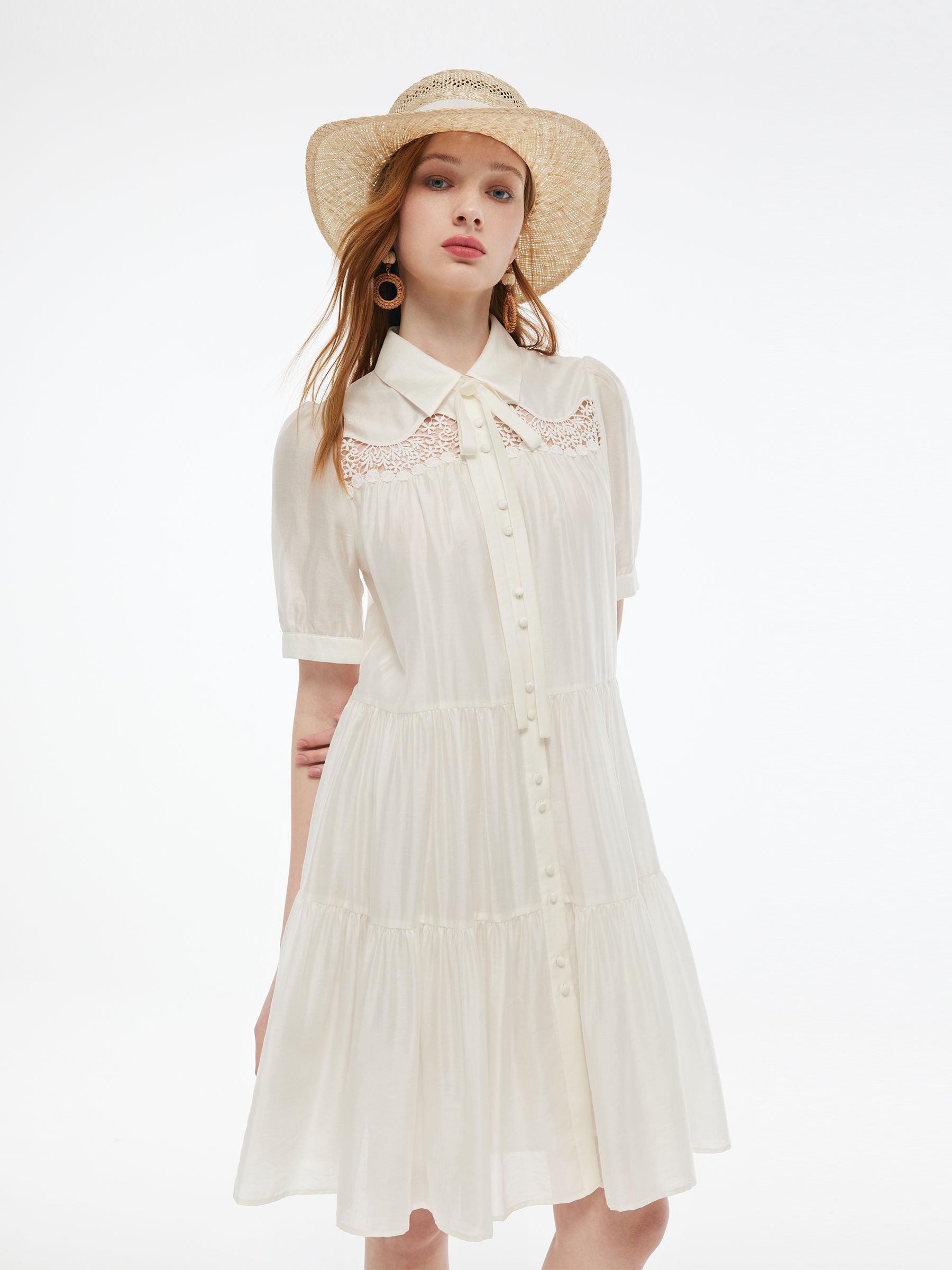 Tencel Blend Women Tiered Mini Dress With Ribbon GOELIA