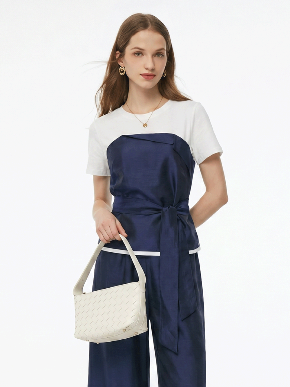 [Preview] Lyocell Cotton Blend Patchwork Top And Pants Two-Piece Set GOELIA