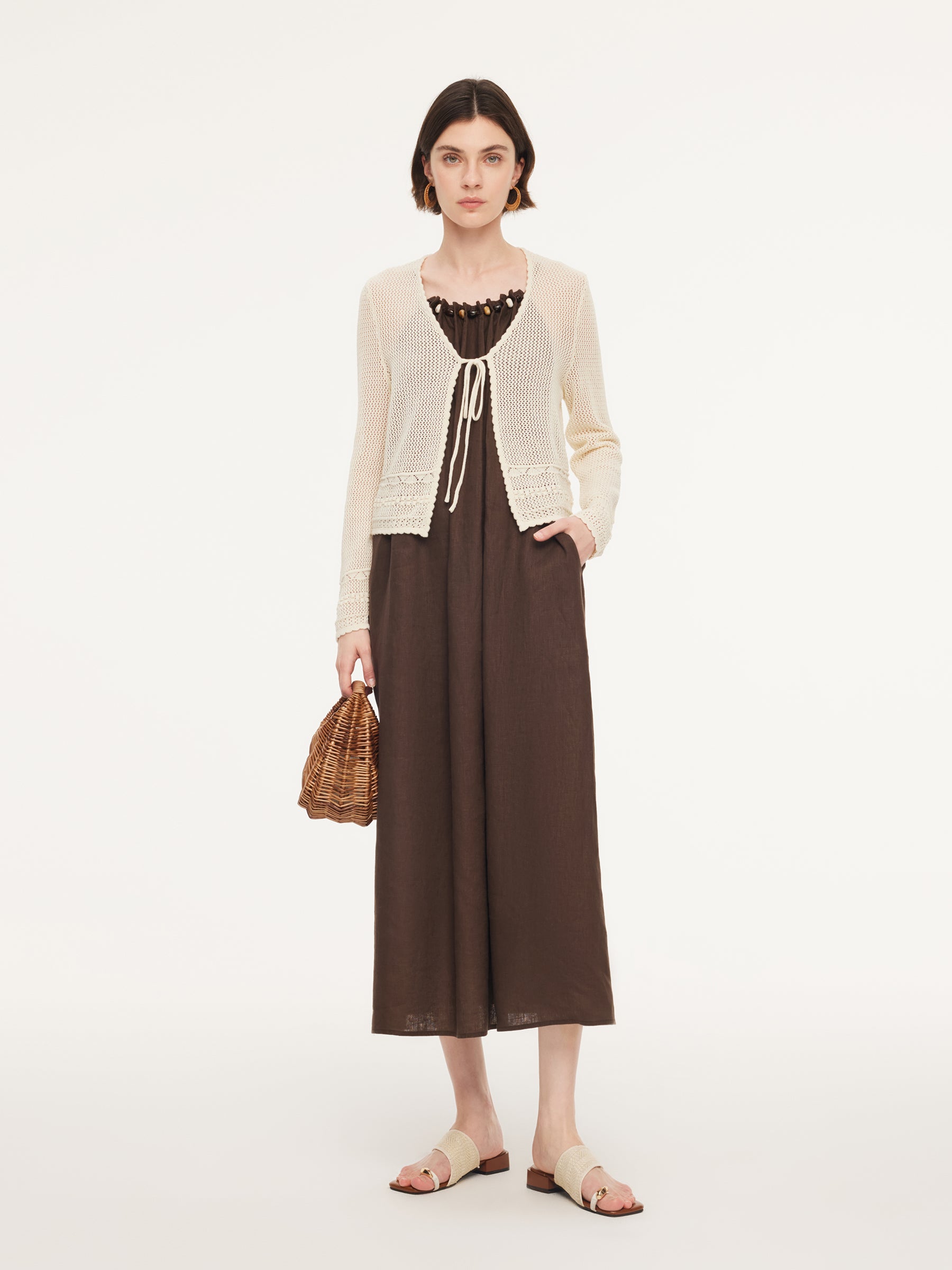 100% Cotton Openwork Tie Front Women Cardigan GOELIA