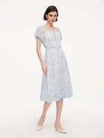 10MM Mulberry Silk Floral Print Women Bubble Hem Midi Dress With Scrunchie GOELIA