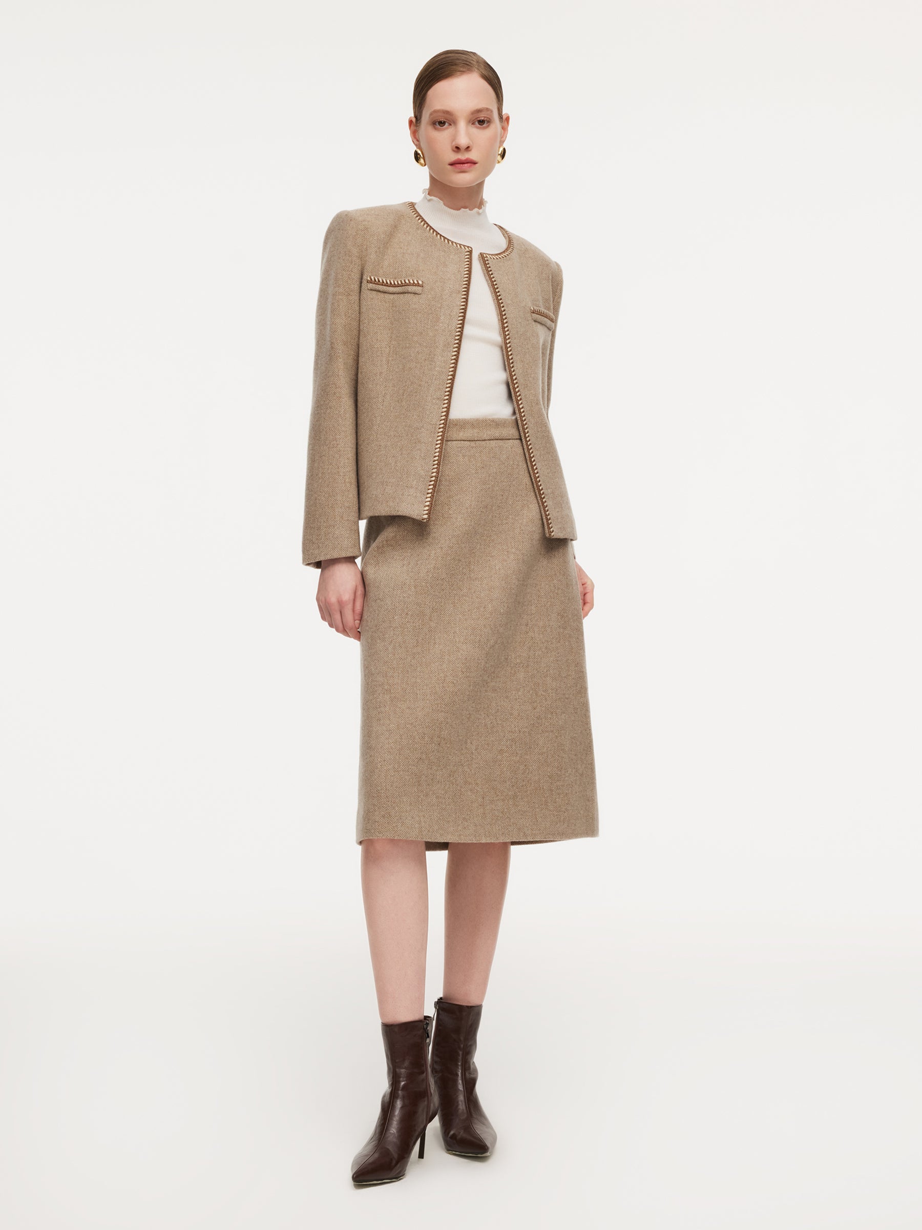 100% Washable Wool Jacket And Skirt Two-Piece Set With Belt GOELIA