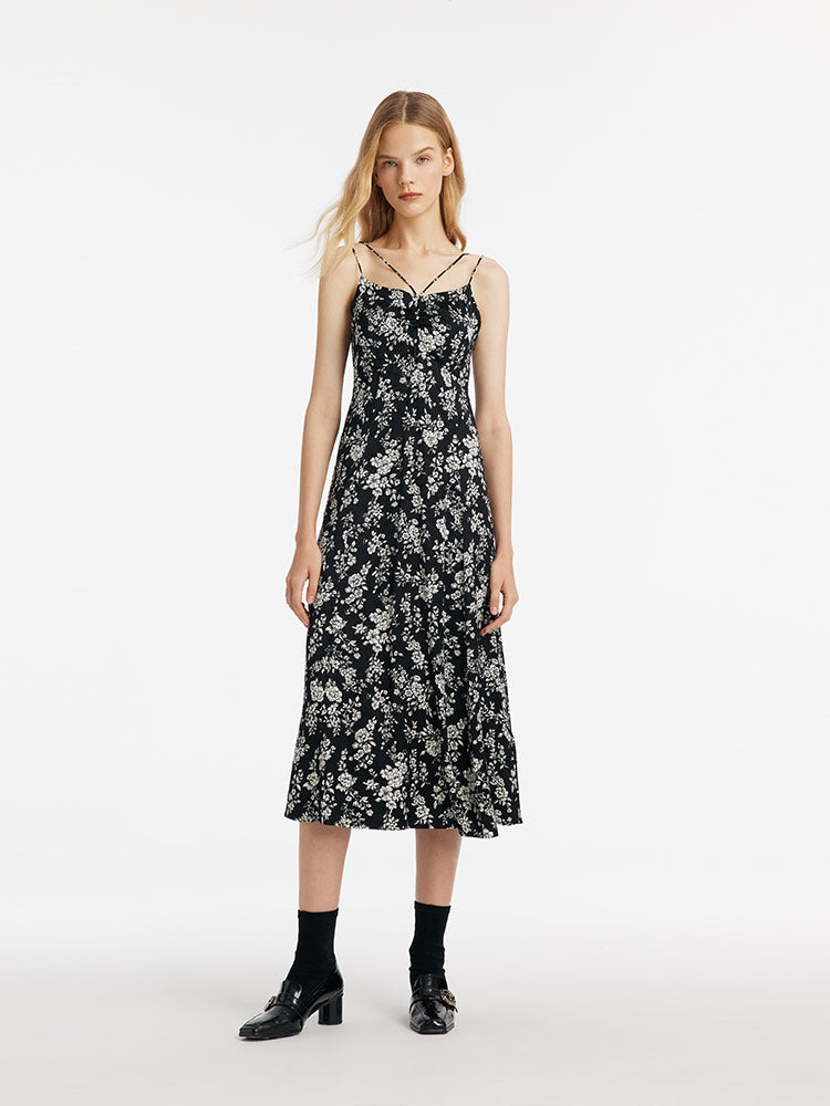 Camellia Print Spaghetti Strap Women Midi Dress GOELIA
