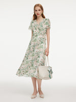 10MM Mulberry Silk Floral Print Ruffled Sleeve Women Wrap Maxi Dress GOELIA