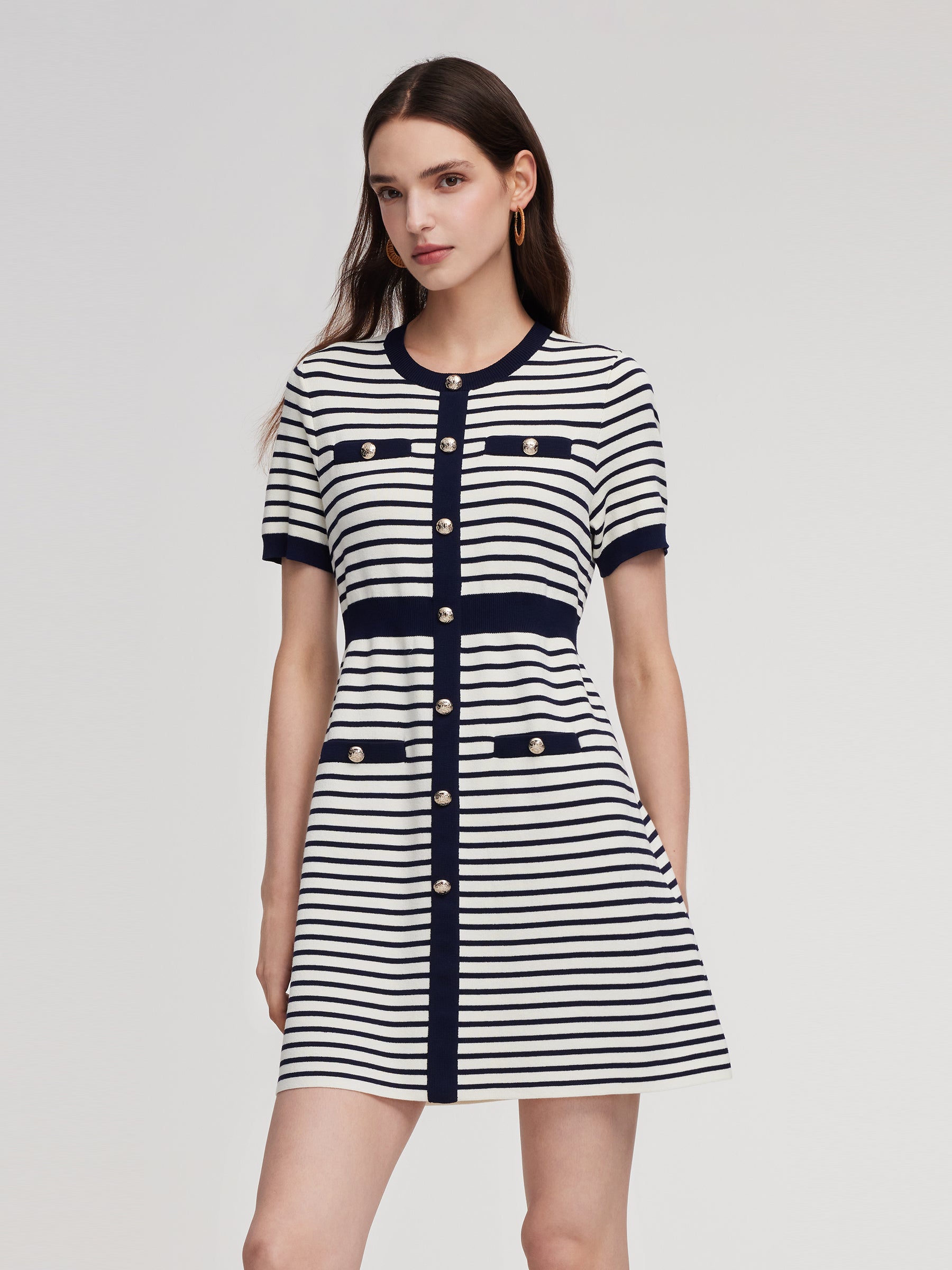 Lyocell Blend Stripe Gathered Waist Women Knit Mini Dress GOELIA