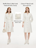 Wool Blend Tweed 3/4 Sleeve Women Midi Dress With Detachable Ruffle Collar GOELIA