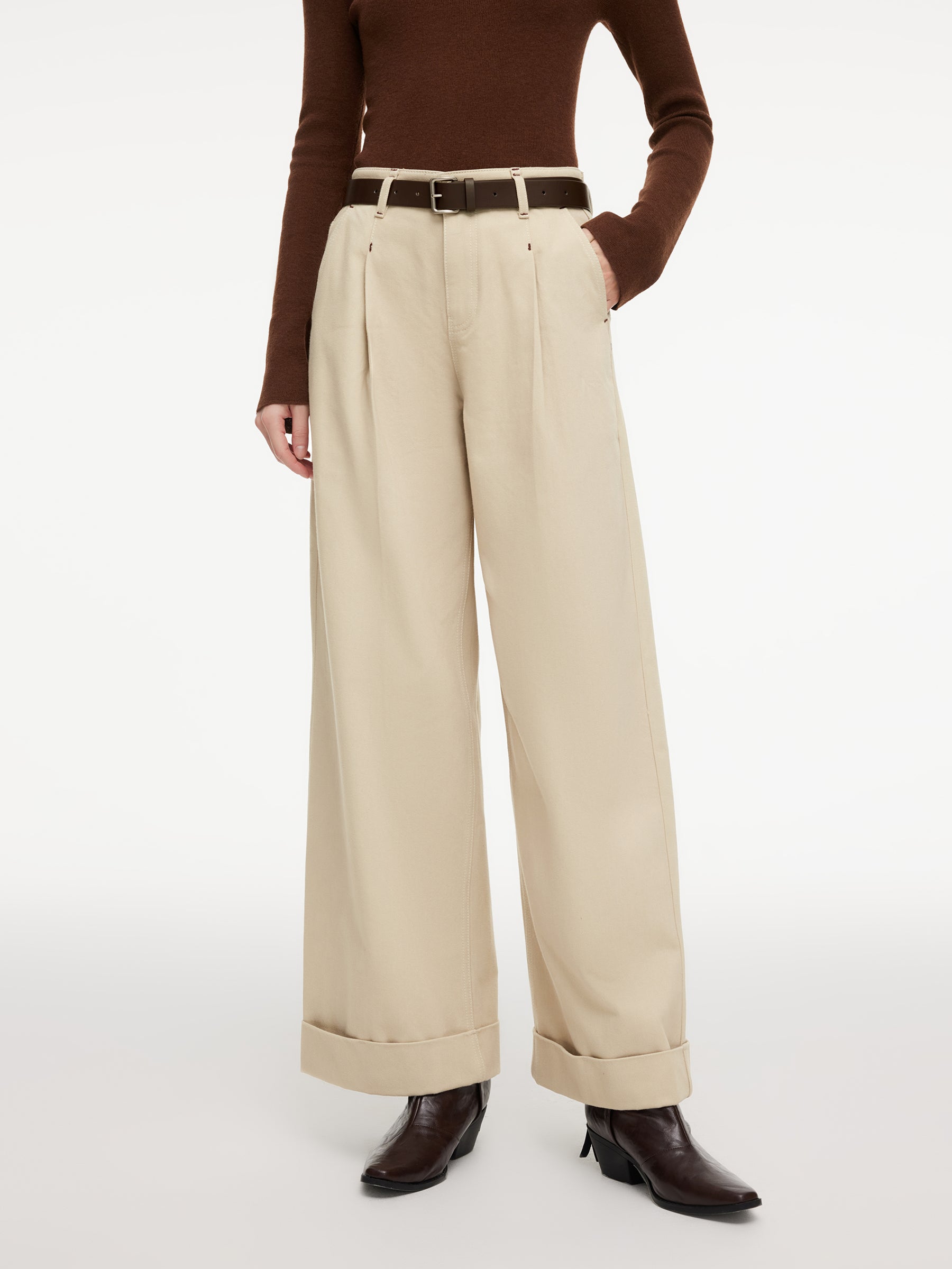 Cotton Denim Women Cuffed Wide Leg Jeans With Belt GOELIA
