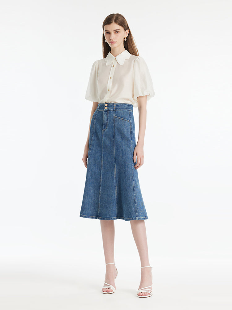 Tencel Puff Sleeves Petal Collared Women Shirt GOELIA