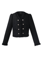 Kurze Jacke mit Tweed-Fransen und V-Ausschnitt für Damen – GOELIA
