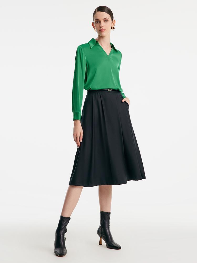 Worsted Woolen A-shaped Half Skirt With Leather Belt GOELIA