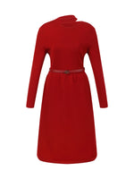 Lyocell Wool Blend Cut Out Women Knit Midi Dress With Belt GOELIA