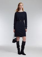 100% Wool Boat Neck Women Knit Mini Dress With Belt GOELIA