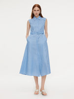 100% Linen Women Maxi Shirt Dress With Belt GOELIA