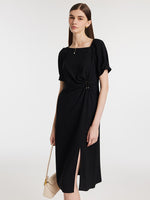 Acetate Asymmetric Neck Slit Twist Waist Women Midi Dress, Black / XL