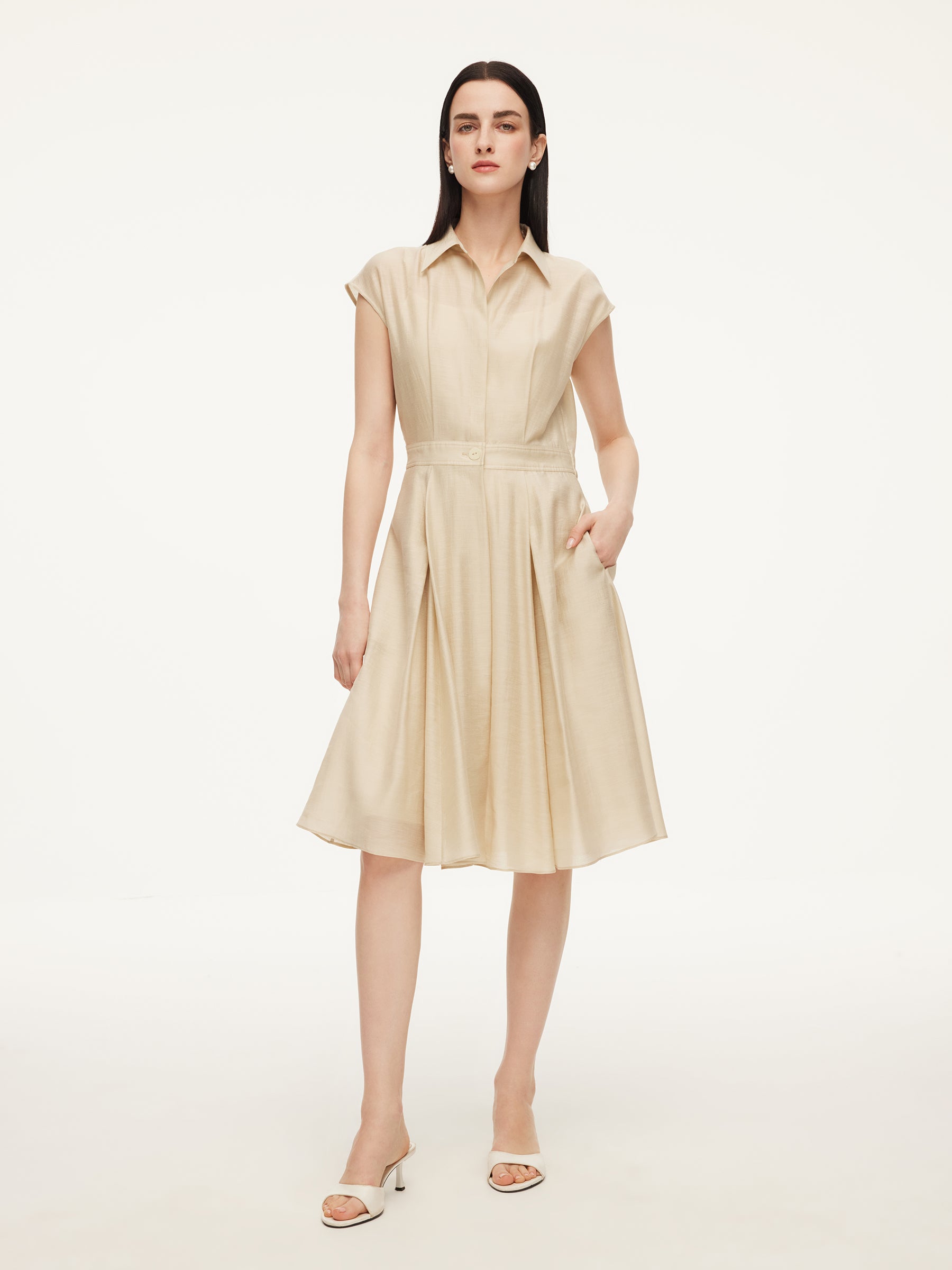 Tencel Acetate Linen Blend Cap Sleeve Women Midi Dress GOELIA